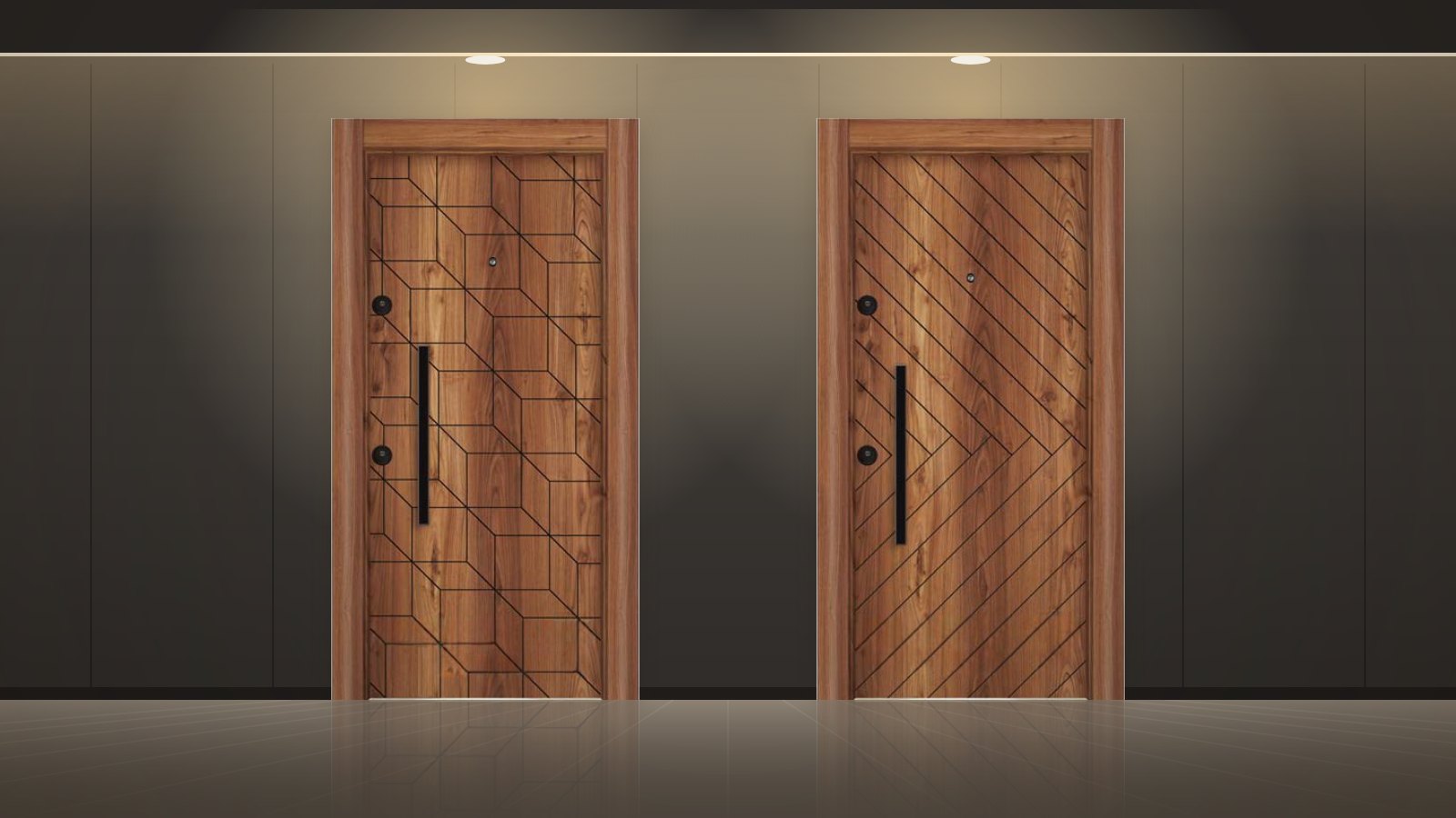 Two steel apartment doors in a lit hallway